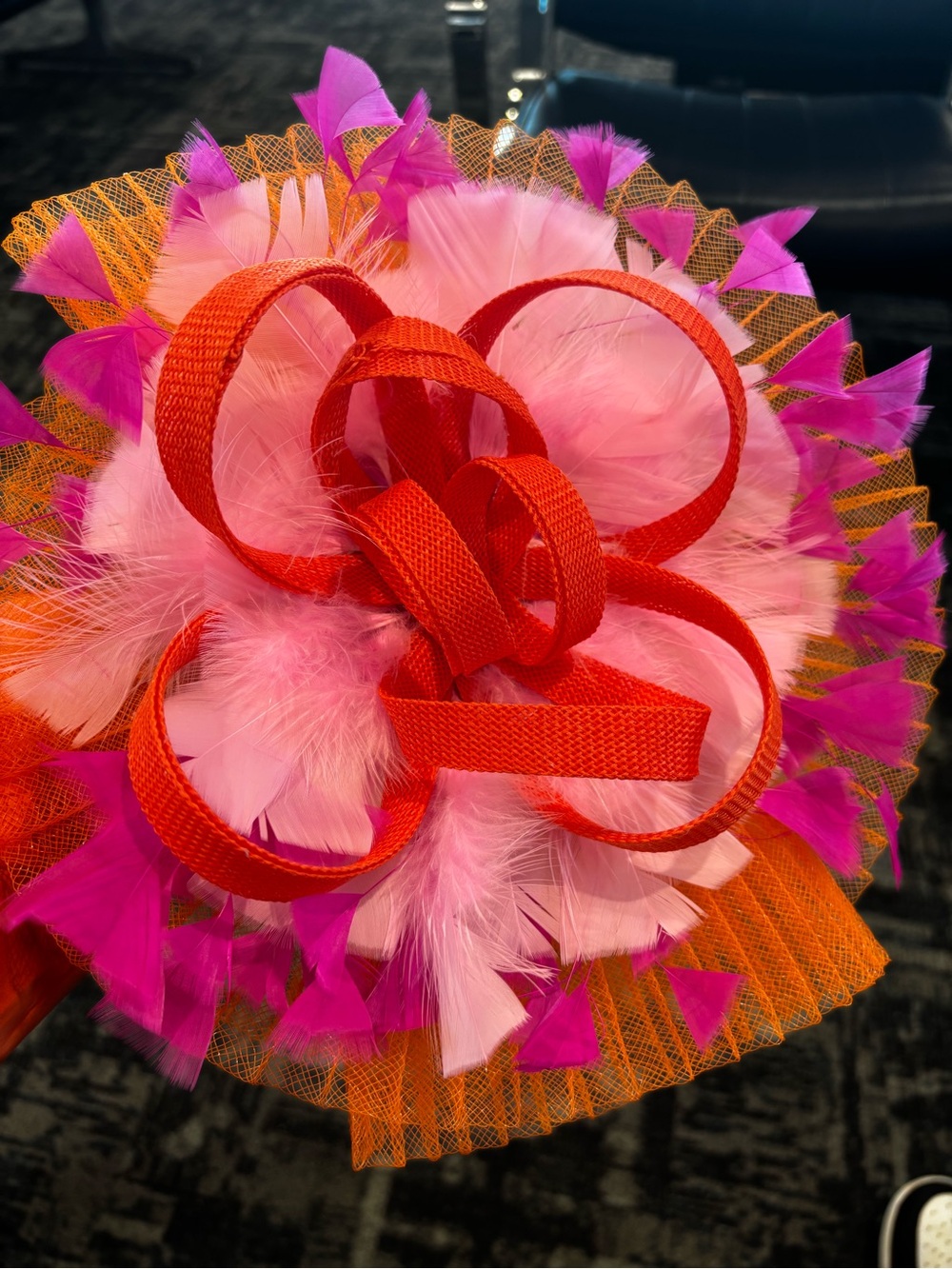 Vibrant Pink & Orange Feathered Fascinator with Orange-Red Ribbon
